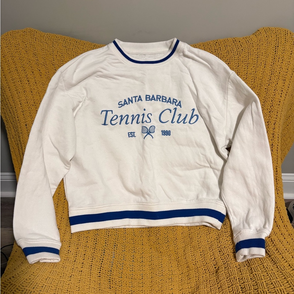 Sunday White Crewneck Sweater with Blue Trim